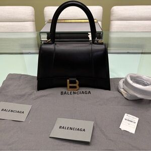 Authentic NWT Balenciaga Black Hourglass Small Satchel with Gold Accents